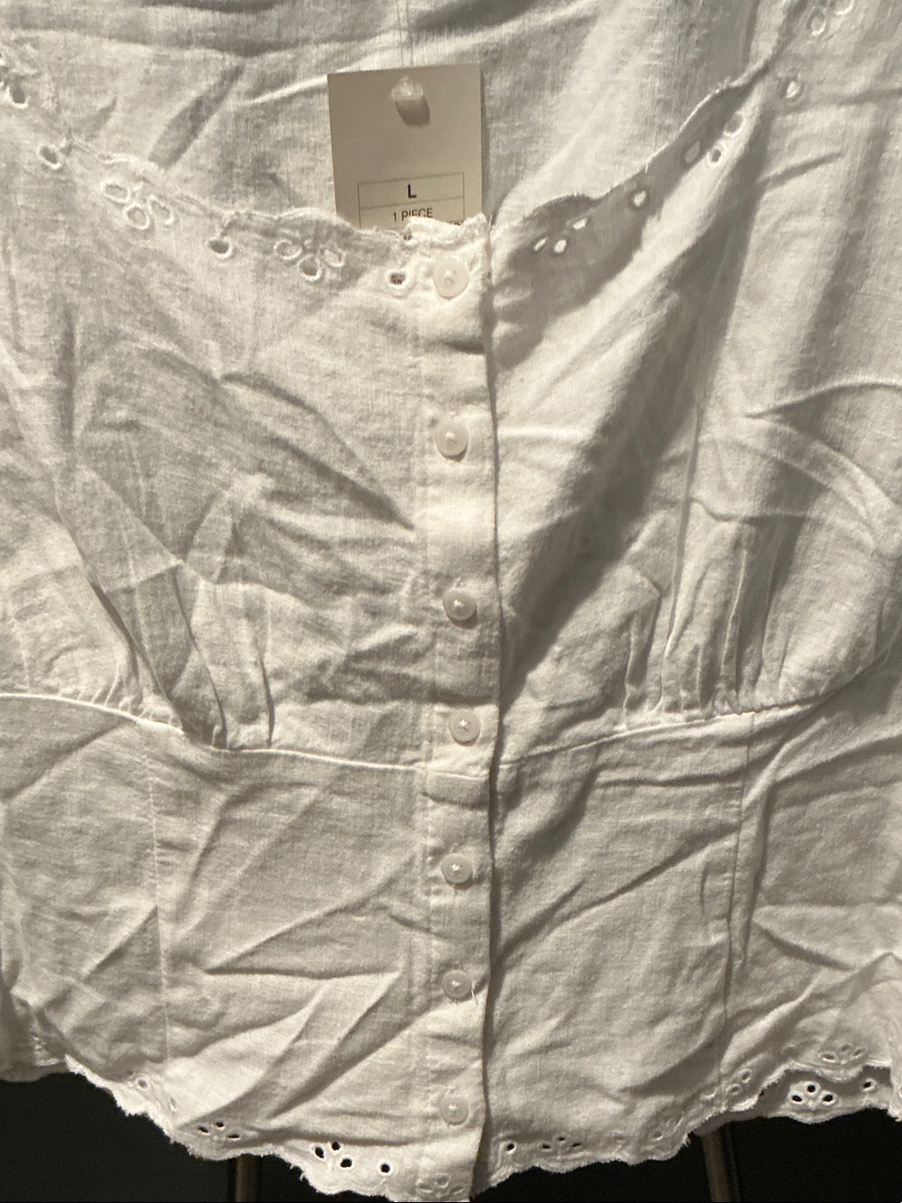 Linen/Rayon White Eyelet-Trim Button Front Blouse - Picture 2 of 7